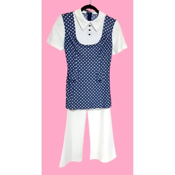 Vintage Outfit Blouse Top Pants Womens XS S Peter Pan Collar Button Accents 1960 - Picture 2 of 13
